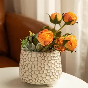 Creative Ceramic Storage Jar, Vintage Relief Design, Durable Triangular Organizer, Multi-Functional Decorative Container, Ideal for Makeup & Kitchen Tools, Home Decor Vase