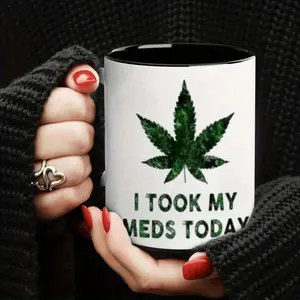 11oz Novelty Marijuana Leaf Ceramic Mug with I TOOK MY MEDS TODAY Design Green Leaf Graphic Reusable Hand Wash Only Perfect Gift for Marijuana Enthusiasts Marijuana Themed Gift Playful Mug Ceramic Cup