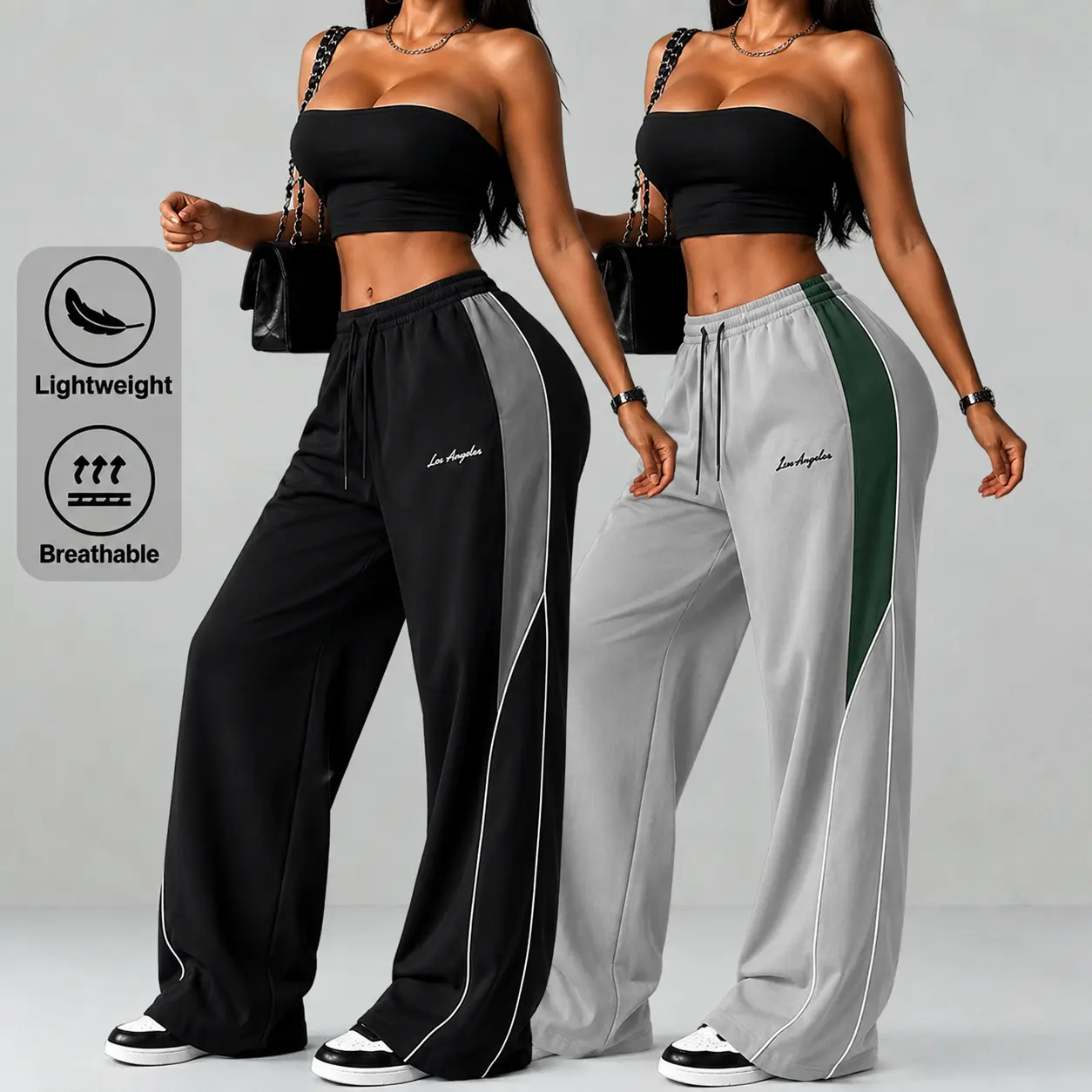 Pack of 2 / Pack of 1 (multiple options). Women’s lightweight, loose summer sports pants—thin, soft, street dance style, Y2K aesthetic.Women’s loose casual long pants in gray with side contrast stripes and white decorative stripes, comfortable design, spo