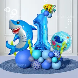36-Piece Shark Number Aluminum Foil Balloons Set, Blue Numbers 0-9, Shark/bubble Fish/whale Balloons, Kids Birthday Party Decorations