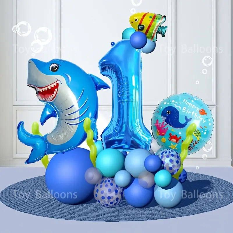 36-Piece Shark Number Aluminum Foil Balloons Set, Blue Numbers 0-9, Shark/bubble Fish/whale Balloons, Kids Happy Birthday Party Decorations, Balloon Party Supplies