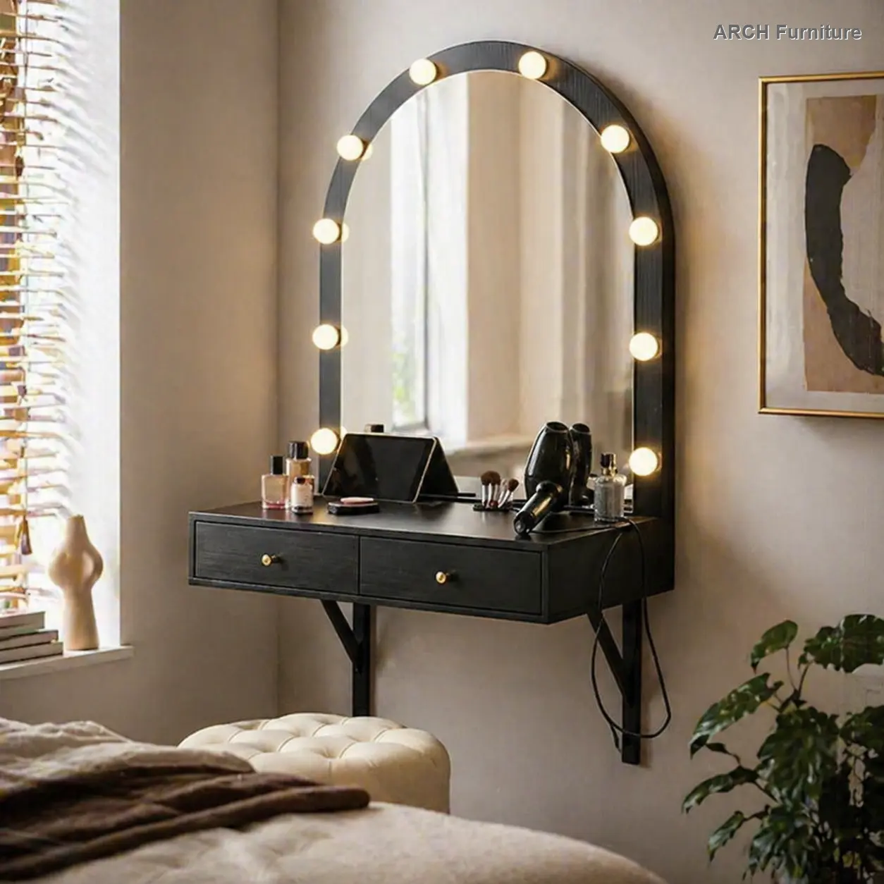 ARCH Floating Wall-Mount Vanity Writing Desk - Compact Stainless Steel Setup with 3-Color LED Adjustable Wall Mount Tabletop Mirrors, Built-in Charging Station, 31.49x15.74x53.93in Space-Saving Storage, 121lbs Capacity for Bedroom Home Decor, Charging Por
