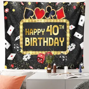1pc Casino Theme Tapestry Happy 40th Birthday Wall Decor for Adult Men Women Poker Party Backdrop - HD Printing, Durable Wall Hanging