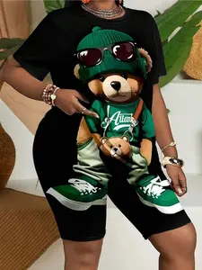 2-piece women's casual cute cartoon bear short sleeved T-shirt and shorts set outfit, Womenswear, suitable for going out in summer and holidays
