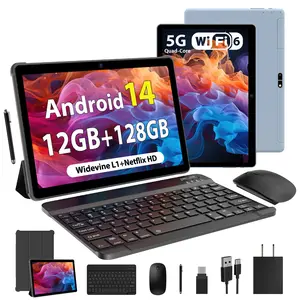 Android 14 Tablet Bundle, 10.1" IPS HD Display, 6GB Native RAM (Supporting 12GB Expand) + 128GB ROM (Up to 1TB Expandable), Quad-Core Processor, 8000mAh Battery, Dual-Band WiFi, Complete Set with Keyboard, Mouse, Stylus & Case, WiFi-Only Tablet PC