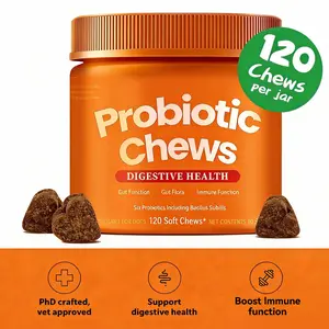 Probiotic chewable tablets for dogs, helps support digestive function and boost immunity. 120 tablets per bottle, pumpkin flavor.