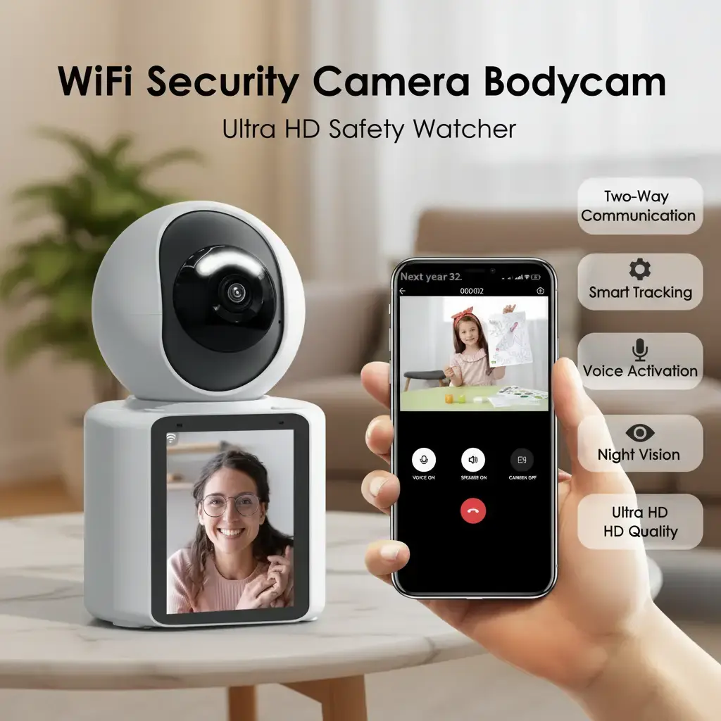 Ultra HD Wi-Fi Security Camera Plug Device - 2-Way 1-Touch Video Calling, AI-Powered Home Security System, Smart Tracking, Voice Activation, Night Vision, Mobile Remote Intercom for Elderly Care