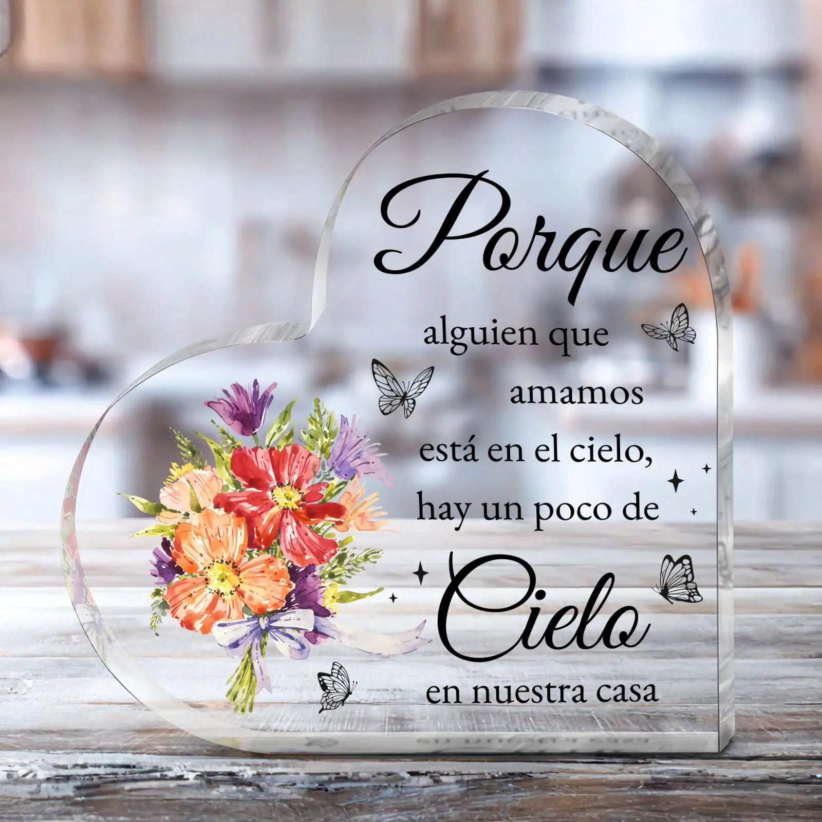 Acrylic Heart Shaped Memorial Plaque, Floral Pattern Acrylic Table Decoration, Heavenly Remembrance Gifts for Loss of Mom/Dad/Son/Husband, Signs