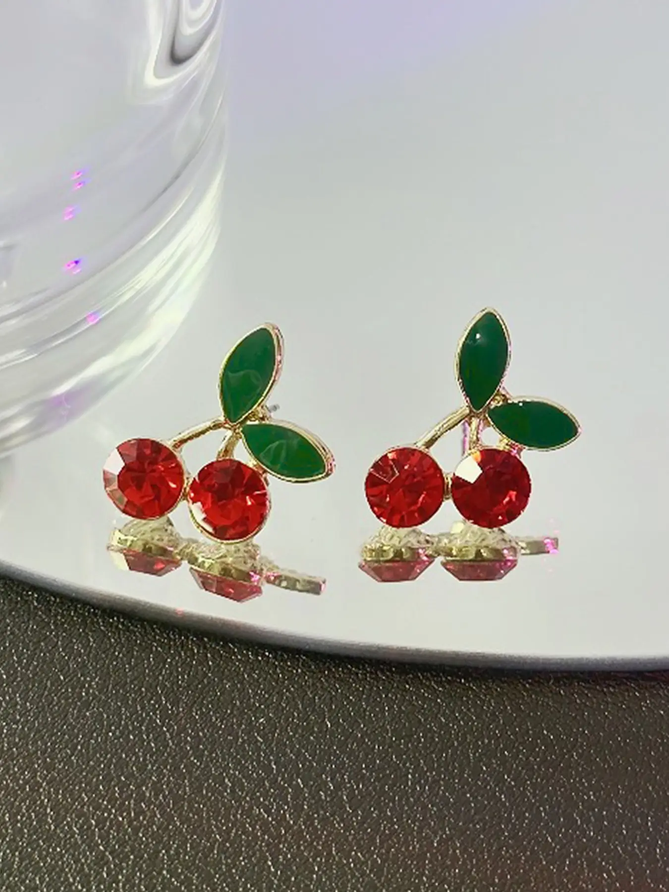 Elegant Button Earrings with Cherry Design, Cherry Motif, Charming Sparkling Rhinestone Jewelry for Women, Perfect Fashion Accessory for Special Occasions