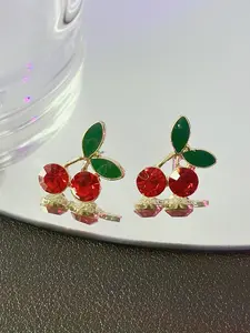 Elegant Button Earrings with Cherry Design, Charming Sparkling Rhinestone Jewelry for Women, Perfect Fashion Accessory for Special Occasions