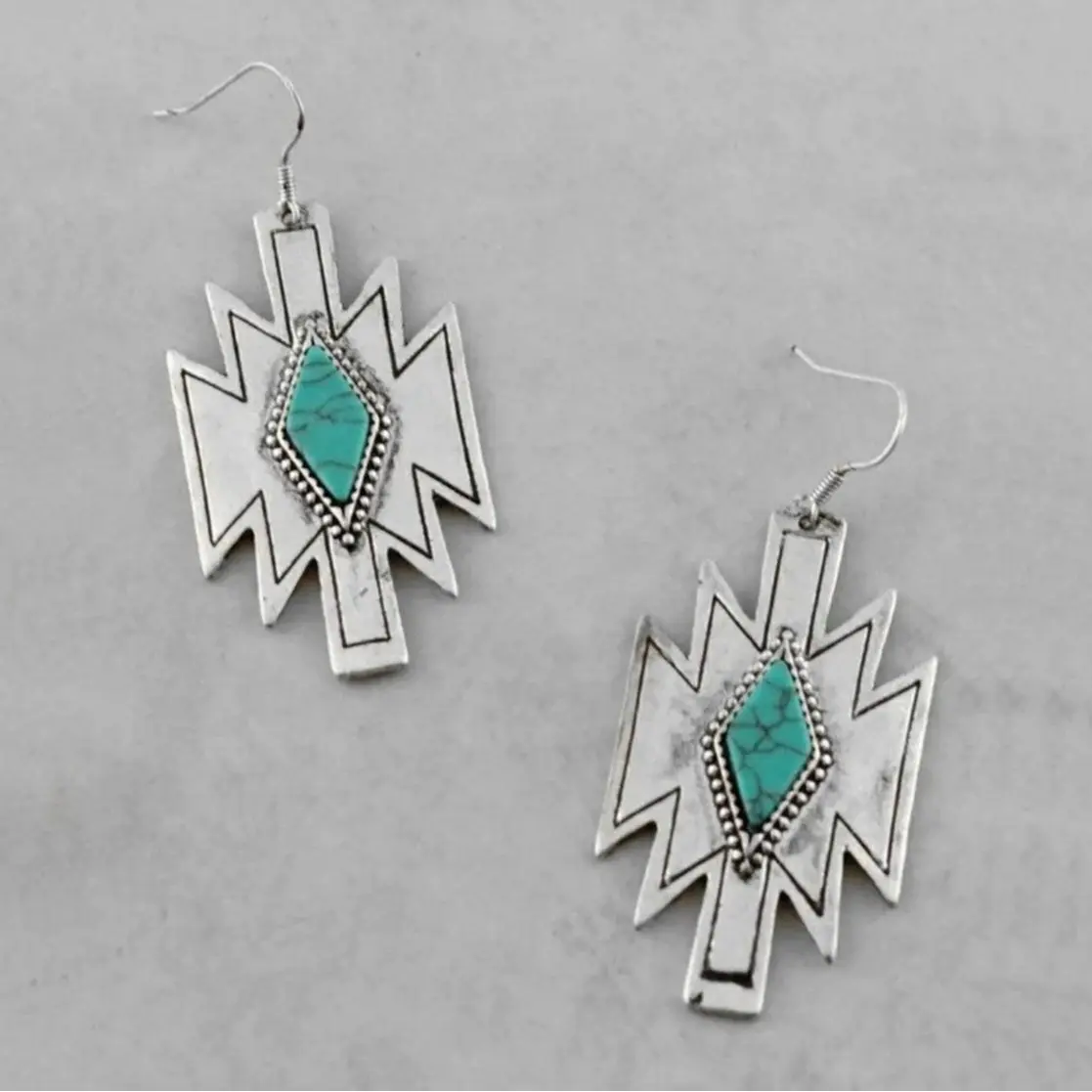 Silver Stamped Turquoise earrings, Southwest Aztec Inspired, Western Style