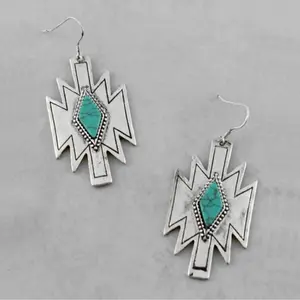 Silver Stamped Turquoise earrings, Southwest Aztec Inspired, Western Style
