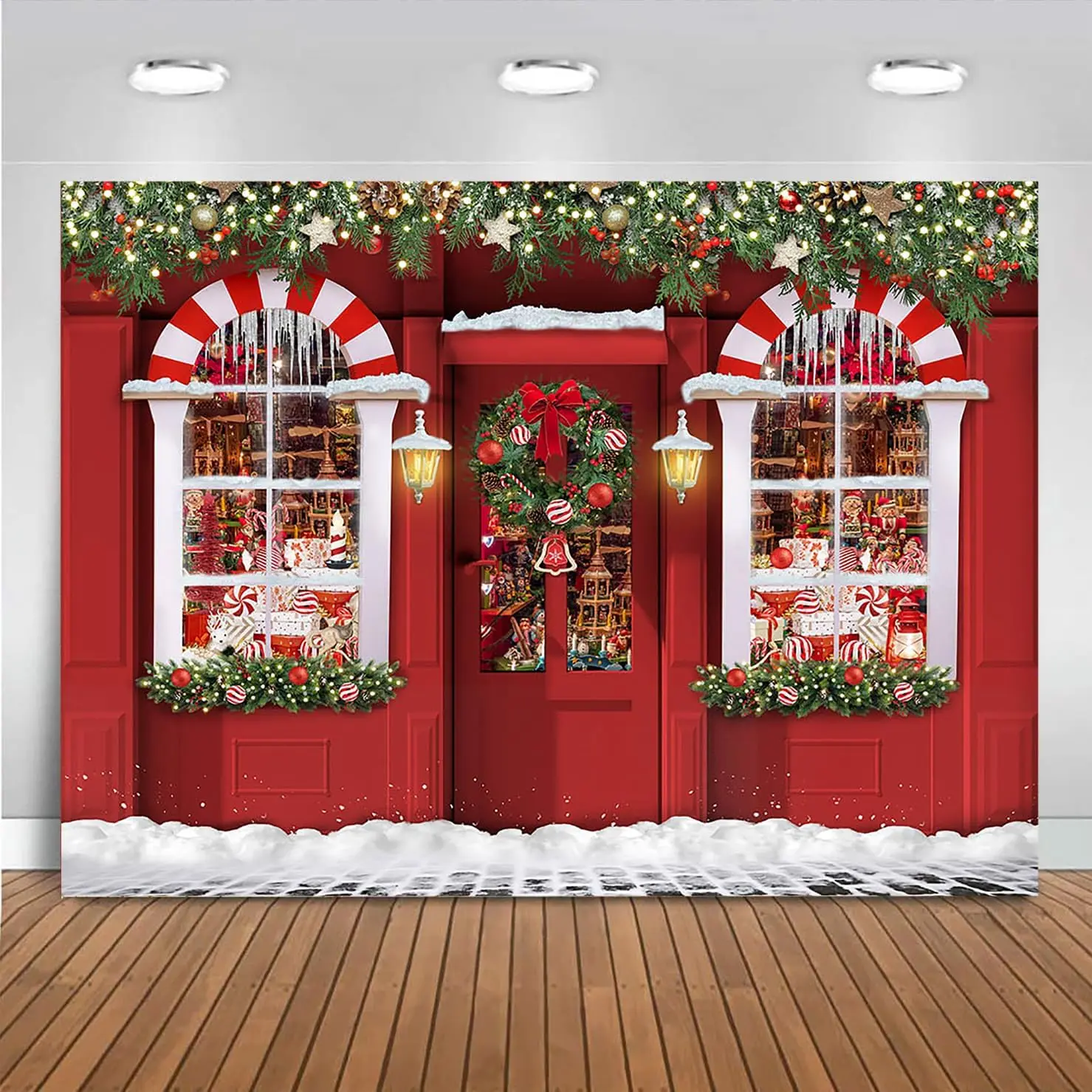 7x5ft Christmas Candy Shop Backdrop Red Santa Workshop Storefront Photo Background Gingerbread Candy Store Merry Christmas Family Winter Holiday Party Decor Photo Booth Props