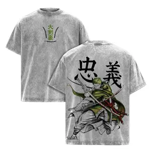 Roronoa Zoro Washed Tee / Hoodies – One Piece Anime Pirate Hunter Santoryu Three Sword Style Manga Graphic Double Printed T-Shirt, Menswear Heavy Cotton Unisex Oversize Streetwear Vintage
