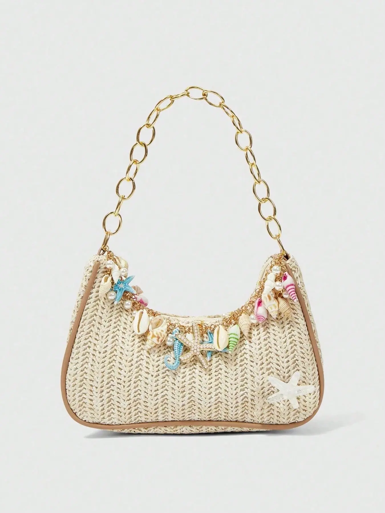 Fresh and sweet style, retro atmosphere, woven straw handbag, Embellished shoulder bag, Casual shoulder bag, decorated with starfish and conch, pearl shell embellishment, chain shoulder strap design, daily travel and vacation, Crossbody shoulder bag