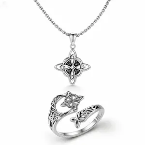 Vintage Oxidized 925 Sterling Silver Witch Knot Jewelry Set for Women, Irish Celtic Fox Adjustable Open Ring & Wiccan Witch Knot Pendant Necklace, Hypoallergenic Protection Amulet Jewelry Gift for Holiday Party