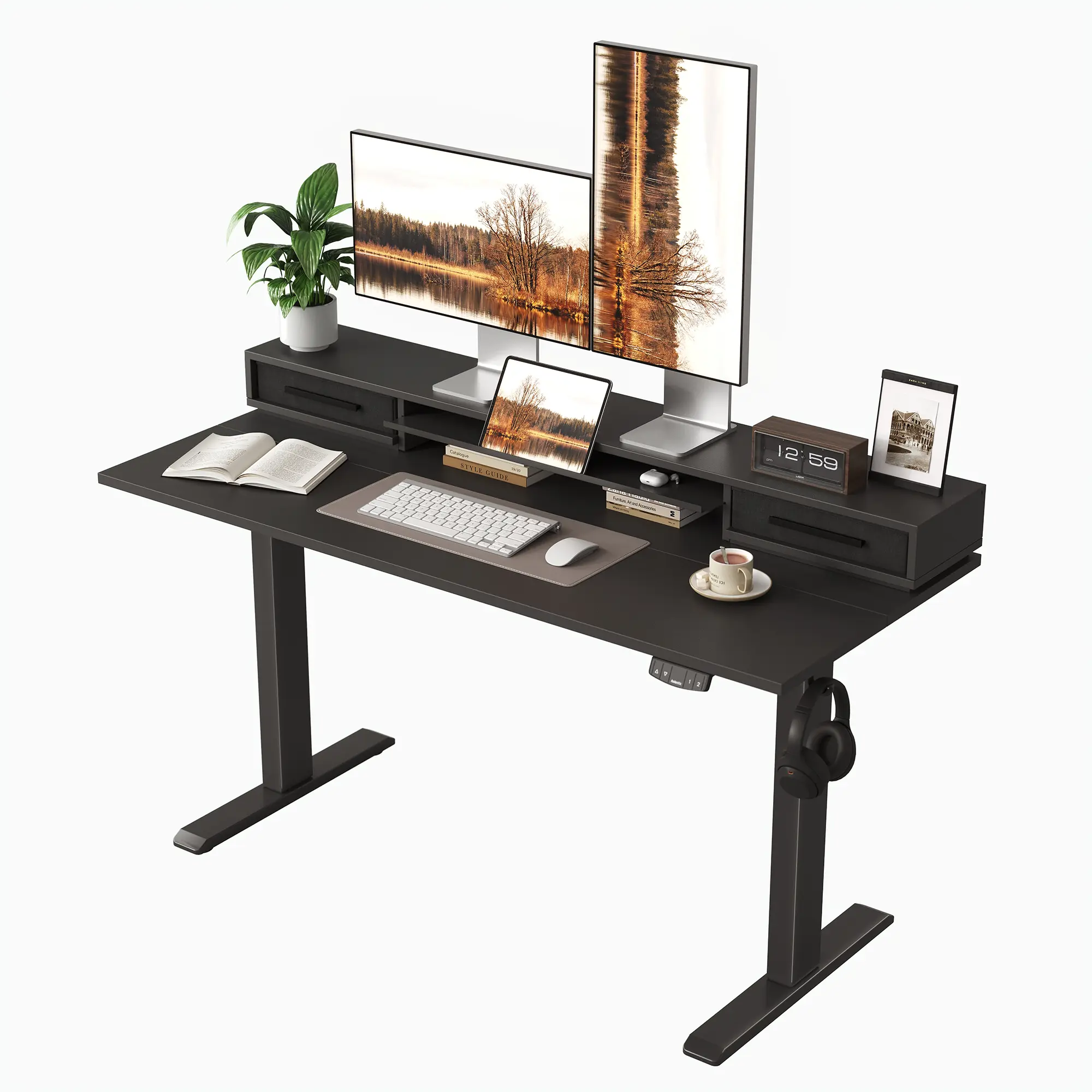 Agilestic Electric Standing Desk with Double Drawers & Stand up Desk with Storage Shelf, Height Adjustable Ergonomic Home Office Desk with Hooks, Computer Workstation for Home and Office,Gaming Desks Gifts for Men and Women,Black/Rustic Brown/Oak/White su