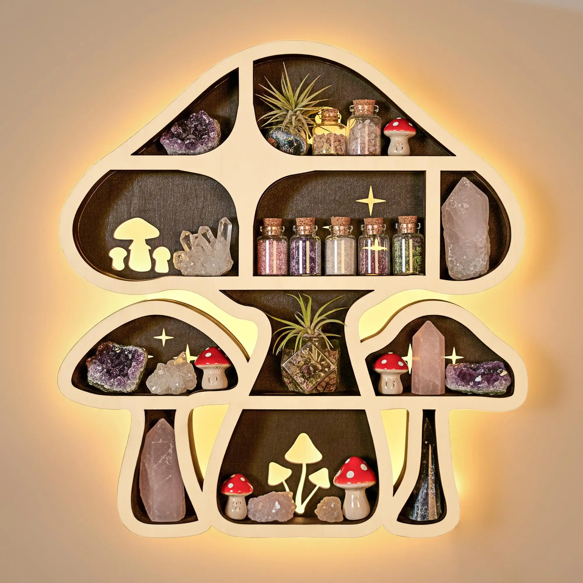 FNYDOX Wooden LED Light Mushroom Wall Floating Shelf - Gothic Minimalist Home Decor, Desk Storage, Crystal & Trinket Holder with Switch, Ideal for Study Spaces, Valentine's Day Gift for Mushroom Enthusiasts