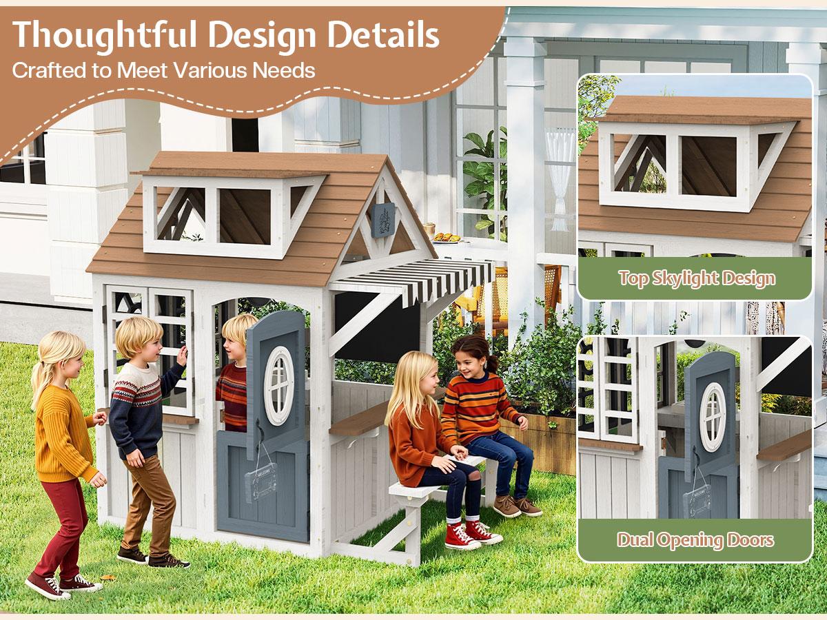 ALBOTT Kids Outdoor Wooden Playhouse with Kitchen Set, Durable Fir Wood Construction with Waterproof Roof & Rust-Resistant Hinges, Pretend Playhouse for 3–8 Years Old Boys & Girls