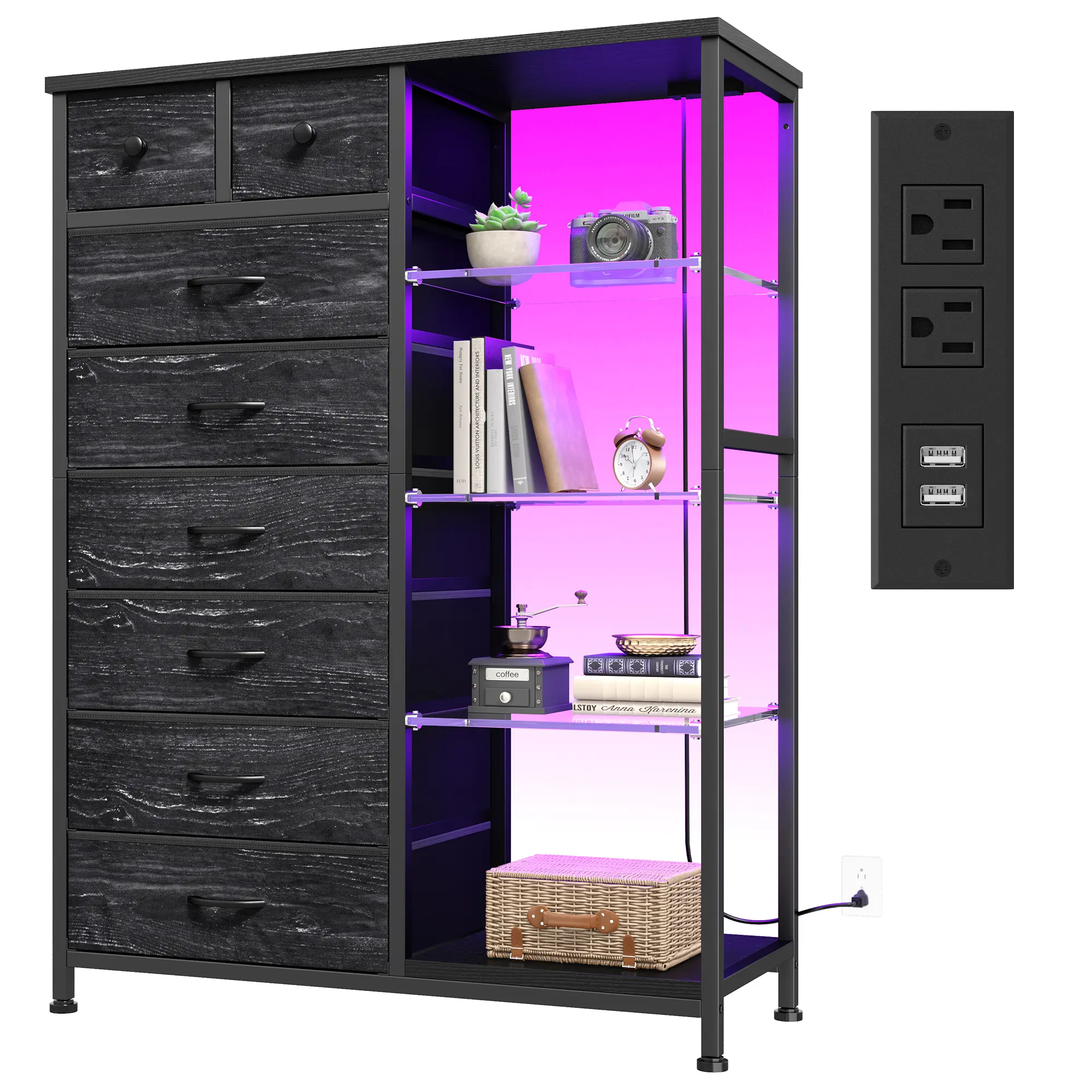 RaybeeFurniture 8 Drawer Dresser for Bedroom, with LED Lights & Power Outlets, Tall Fabric Dresser & Chests of Drawers for Bedroom, Closet, Sturdy Metal Frame, Acrylic Plates
