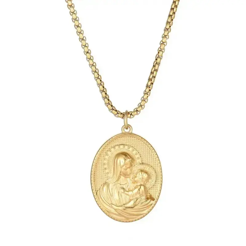Unisex Catholic Virgin Mary and Child Medal Necklace - Oval Gold Pendant, 55cm Stainless Steel Chain, Waterproof, Non-Rusting, Non-Tarnish Jewelry, Protection Amulet, Traditional Mexican Faith Gift, Stainless Steel Jewelry, Religious