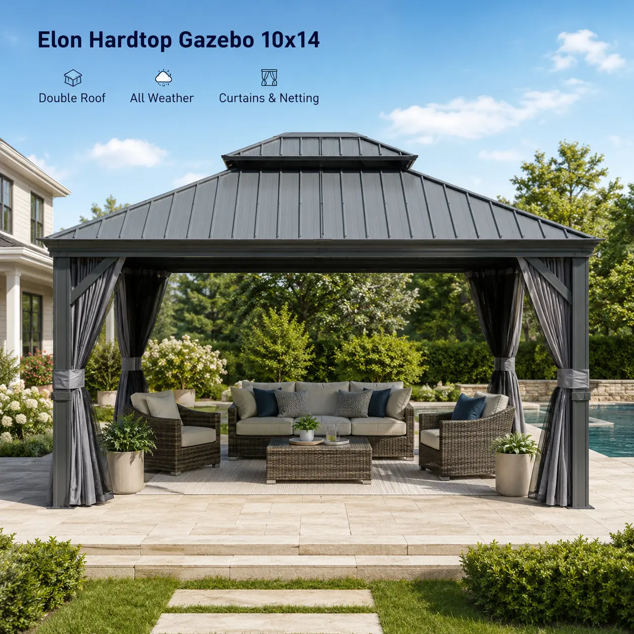 Elon 10x14 Permanent Hardtop Gazebo, Outdoor Heavy-Duty Galvanized Steel Double Roof Aluminum Frame Gazebo with Curtains & Netting for Patio, Garden All-Weather Metal Pavilion Shade Solution