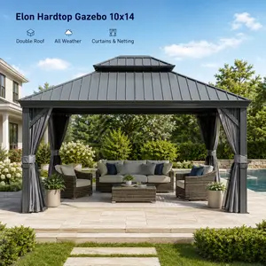 Elon 10x14 Permanent Hardtop Gazebo, Outdoor Heavy-Duty Galvanized Steel Double Roof Aluminum Frame Gazebo with Curtains & Netting for Patio, Garden All-Weather Metal Pavilion Shade Solution