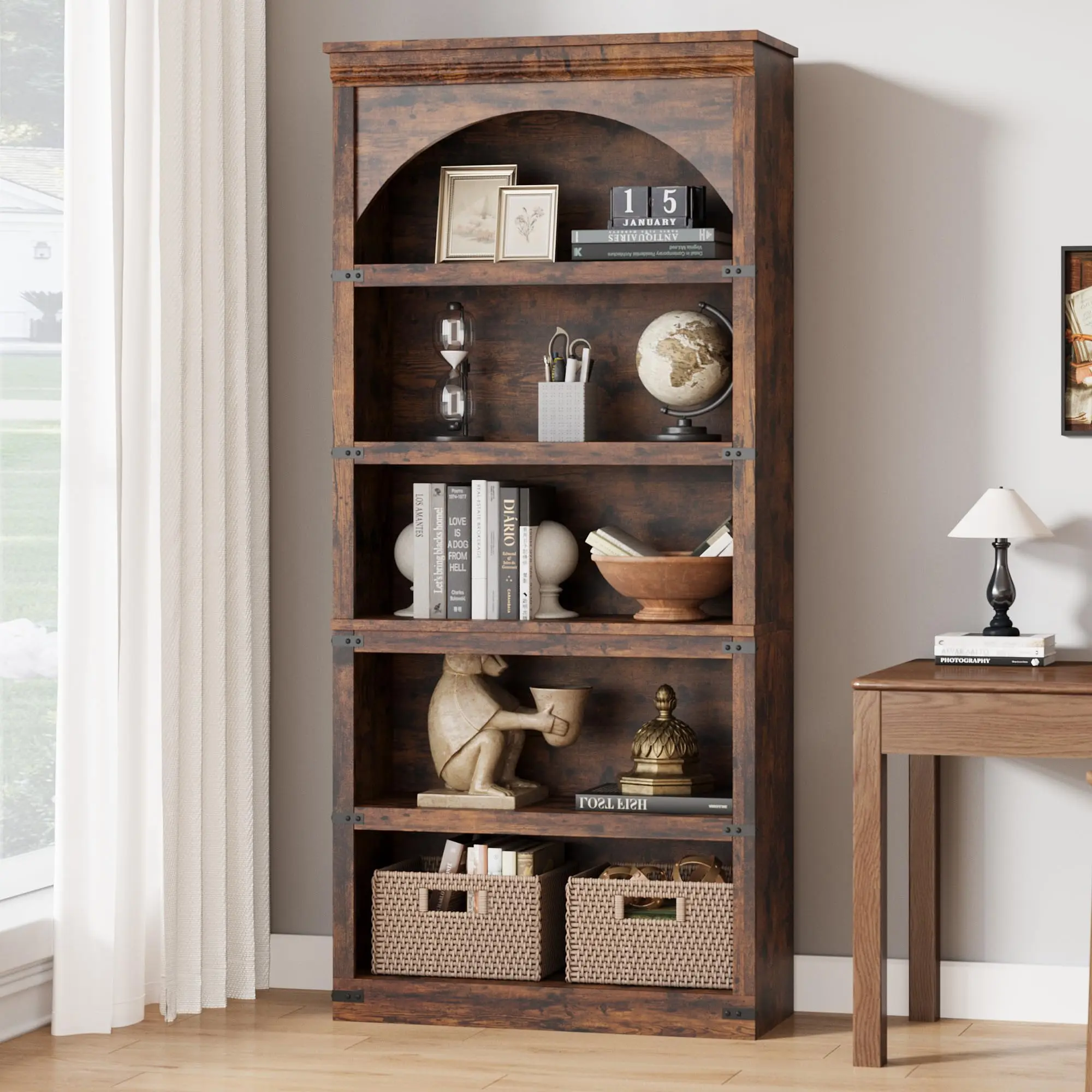 Garvee 68.7" Farmhouse Arched Bookcase - Tall 5-Tier Wooden Bookshelf with Arch Design and Wooden Base, Rustic Vintage Style for Living Room, Office, or Library in Brown