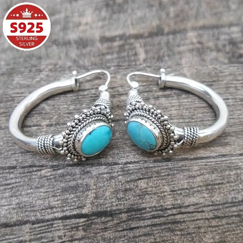 S925 sterling silver fashionable vintage faux turquoise earrings and ear cuffs, Bohemian-style oval drop earrings and hoop earrings—elegant jewelry crafted for women; a must-have for girls and a perfect gift for Valentine’s Day, Mother’s Day, and festival