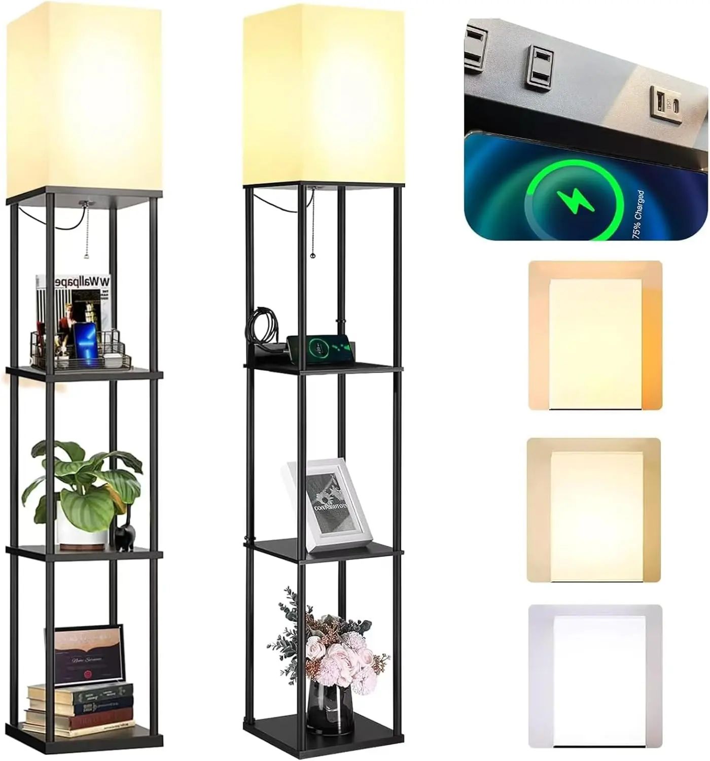 NUNET Floor Lamps with Shelves, 2AC Outlets & 2USB Ports, Soft/Cool/Daylight White Light, Acrylic Photo Frames for Living Room/Bedroom, Cozy Indoor Lighting, Decor Lighting, Corded Floor Lamp