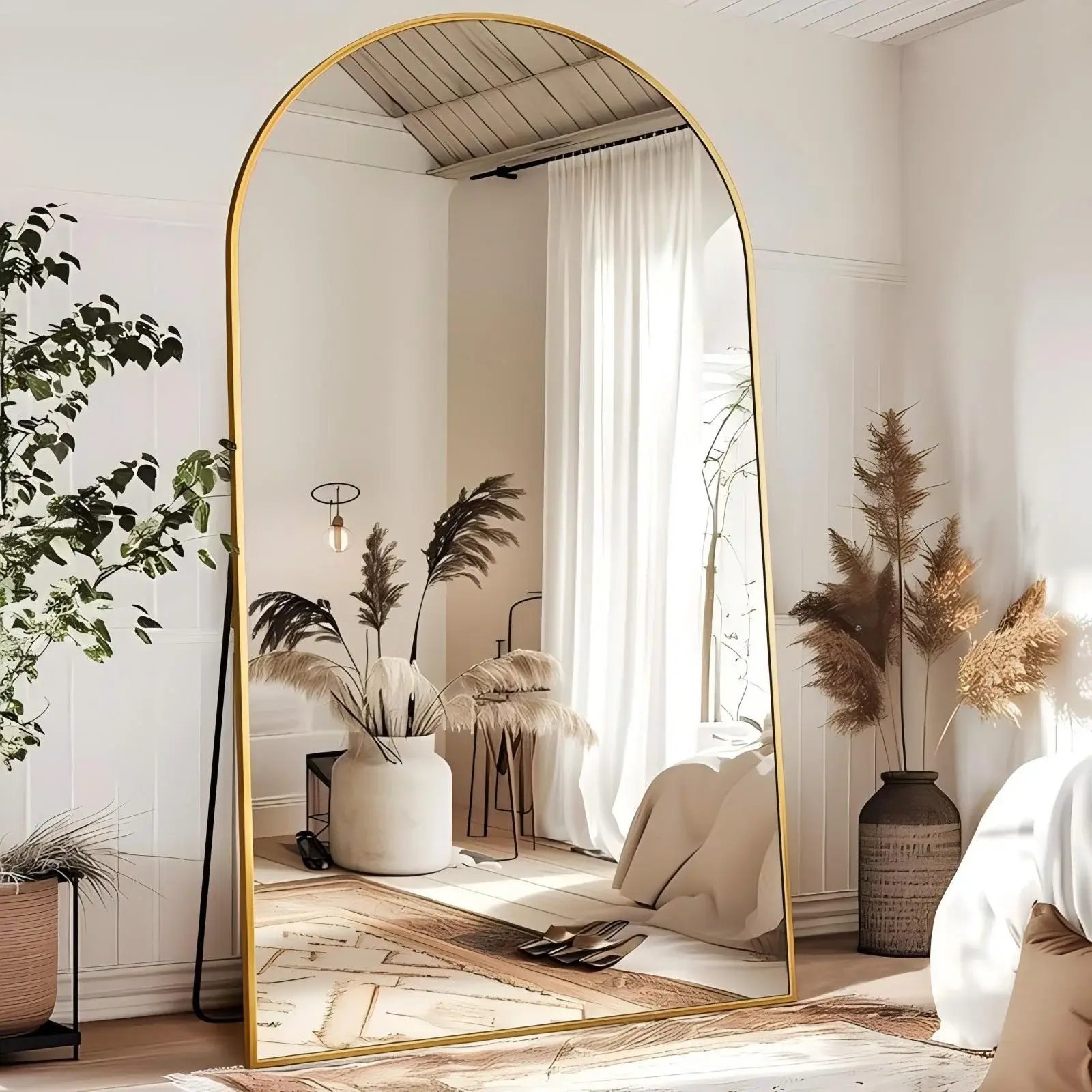 GRAHMCY 78"x35.2" Arched Full-Length Mirror - Home Decor, Elegant Gold Frame, Durable Safety Glass, Wall-Mounted or Floor-Standing with Stand