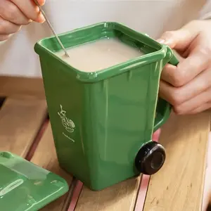 Ceramic Trash Can Coffee Cup, 400ML Blue Handle Bowl, Reusable Fun Prank Gift Mug, Unique Office Desk Cup with Spoon