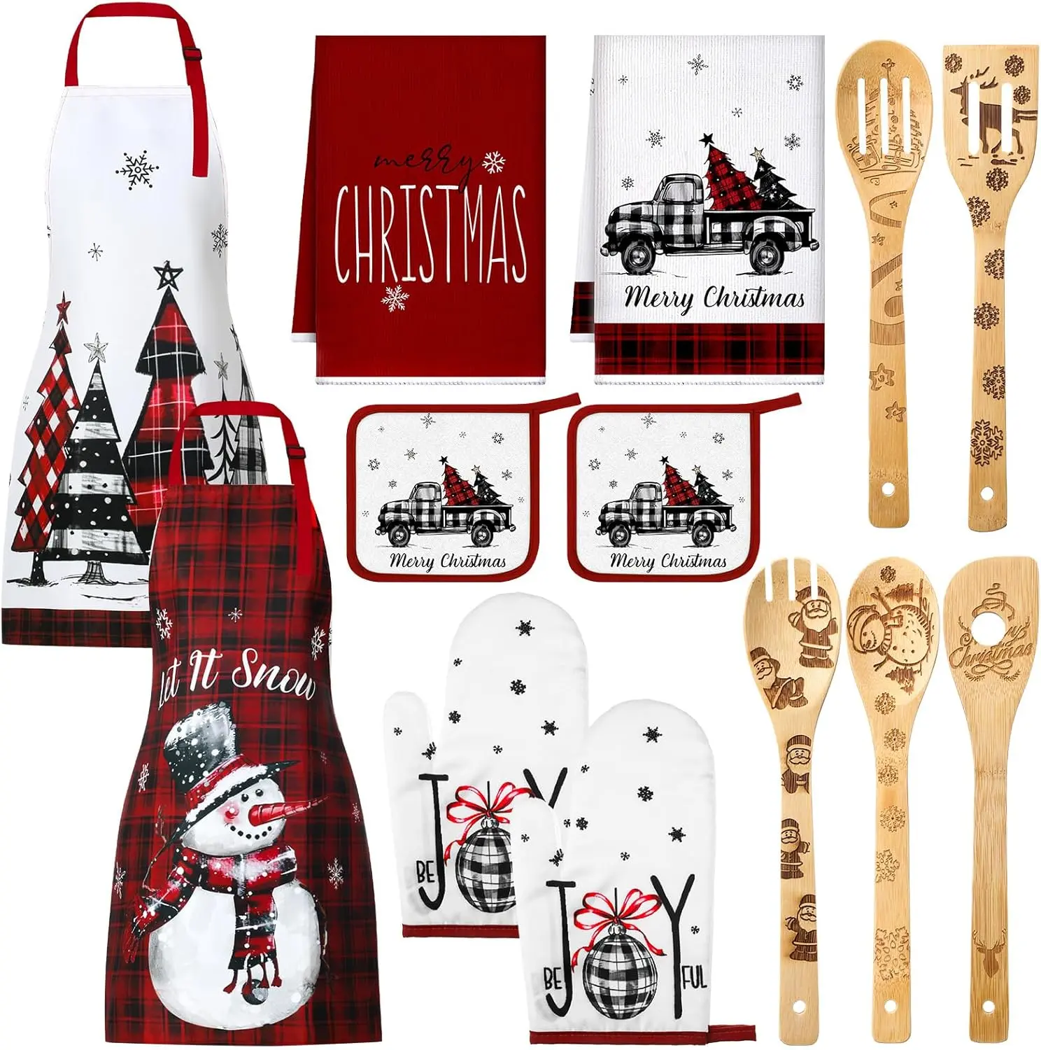 13 Pcs Christmas Kitchen Towels Oven Mitt and Pot Holder Apron Spoon Set 5 Wooden Spoon 2 Kitchen Towels 2 Christmas Apron 2 Oven Mitts 2 Pot Holders