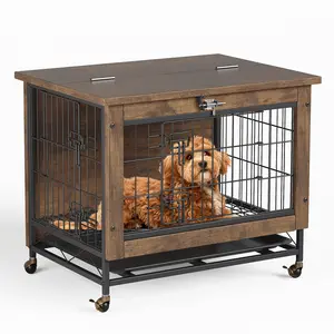 26" Dog Crate Furniture with Wheels, Small Wooden Indoor Dog Kennel with 2 Doors, Escape Proof Pet Cage House, Decorative End Table for Small Dogs