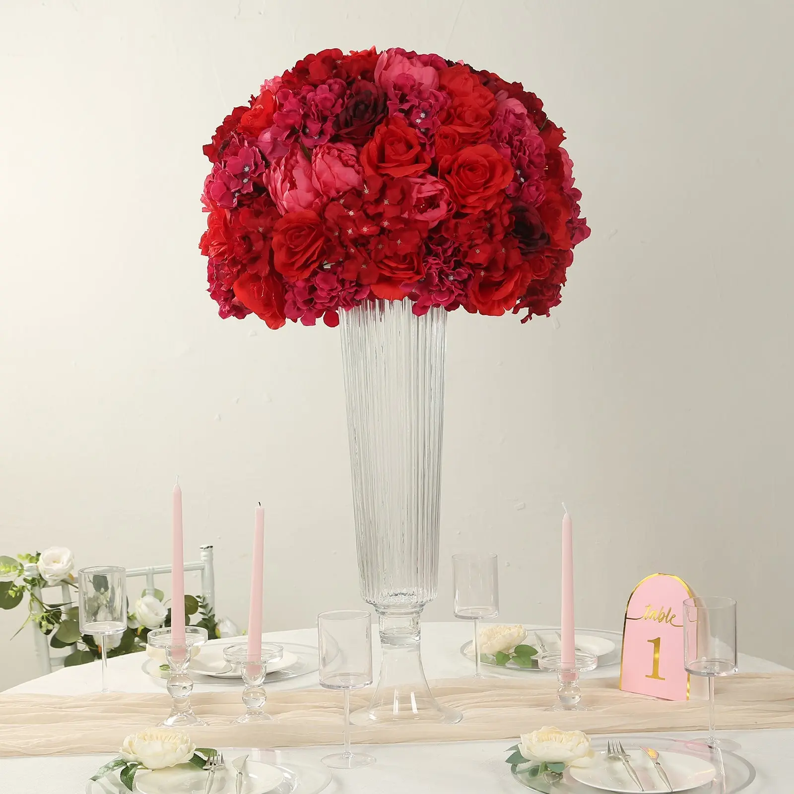 Pre-Arranged Silk Rose Wedding Centerpiece, Red Artificial Rose Flower Balls Arrangement Table Decor - 20"