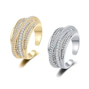 14K Gold Plated Criss Cross Ring for Women - Full Diamond Gemstone Multi Row CZ Cocktail & Eternity Wedding Ring, Ring Shiny Engagement Party Jewelry