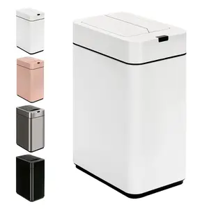 Sensor with Lid 2.6 Gallon Rectangular Garbage Can, Stainless Trash Bin, Slim Waterproof Wastebaskets with Lid Soft Close for Counter, White