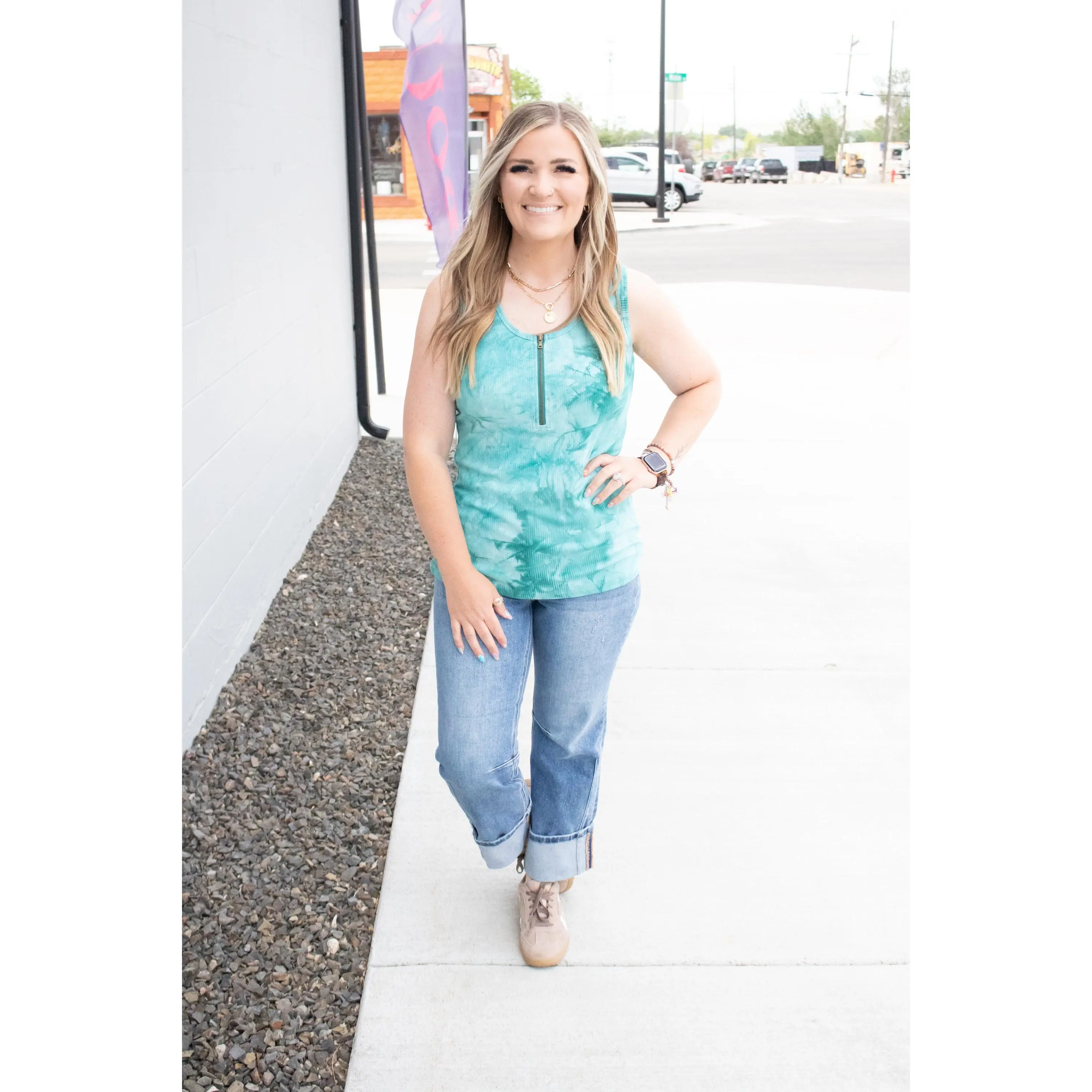 Mila Zipper Tank - Teal Tie Dye