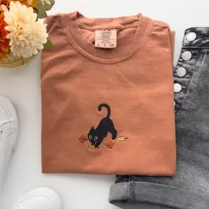 Cute Black Cat Pouncing Leaves Comfort Colors Embroidered T-Shirt, Cozy Fall Halloween Crewneck, Halloween Shirt, Cute Gift For Friend, Family