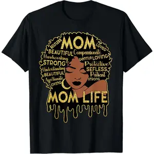 Afro Queen MOM Positive Words Selfless Strong Beautiful Gold Graphic Black Tee