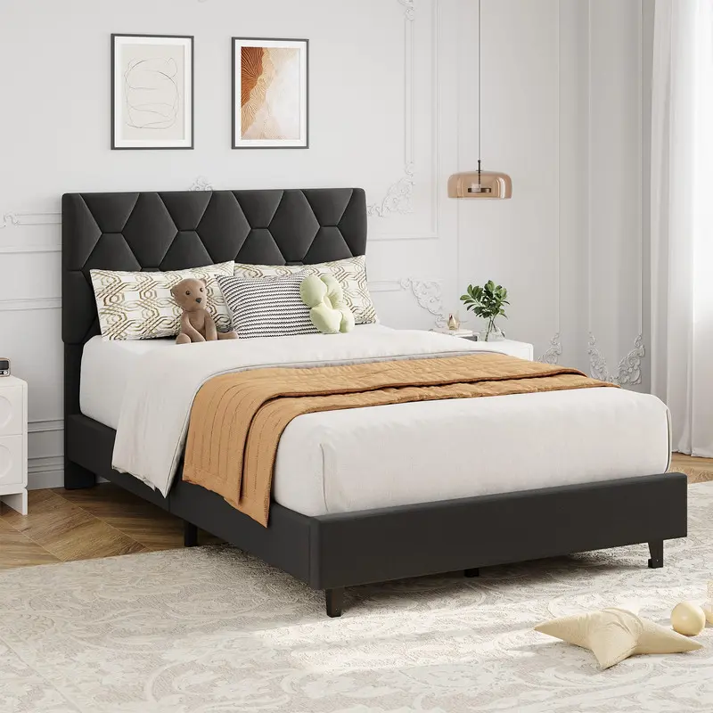 Platform Bed Frame with Upholstered Headboard and Wooden Slats Support,Velvet Upholstered Mattress Foundation/No Box Spring Needed/Easy Assembly