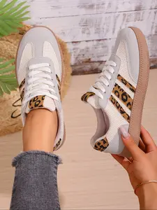 Women's Fall Leopard Print Casual Sneakers, Vintage Sporty Style, Comfortable and Versatile, Above Ankle Height, Textile Upper, Rubber Sole, Boho Style Sneakers