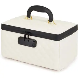 Portable makeup box with Lock, Large Capacity Travel Makeup Case Organizer, Makeup Bags for Girls Traveling With Handle and Divider Makeup Bag (off-white)
