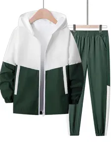 Boys' College Style Casual Set, Colorblock Hooded Long Sleeve Jacket + Pants, Comfortable for School & Outdoor Activities