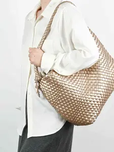 Women's Large Capacity Woven Tote Bag, High-End Handheld Shoulder Bucket Bag, Striped Boho Style, Elegant Bags, All Seasons Satchel