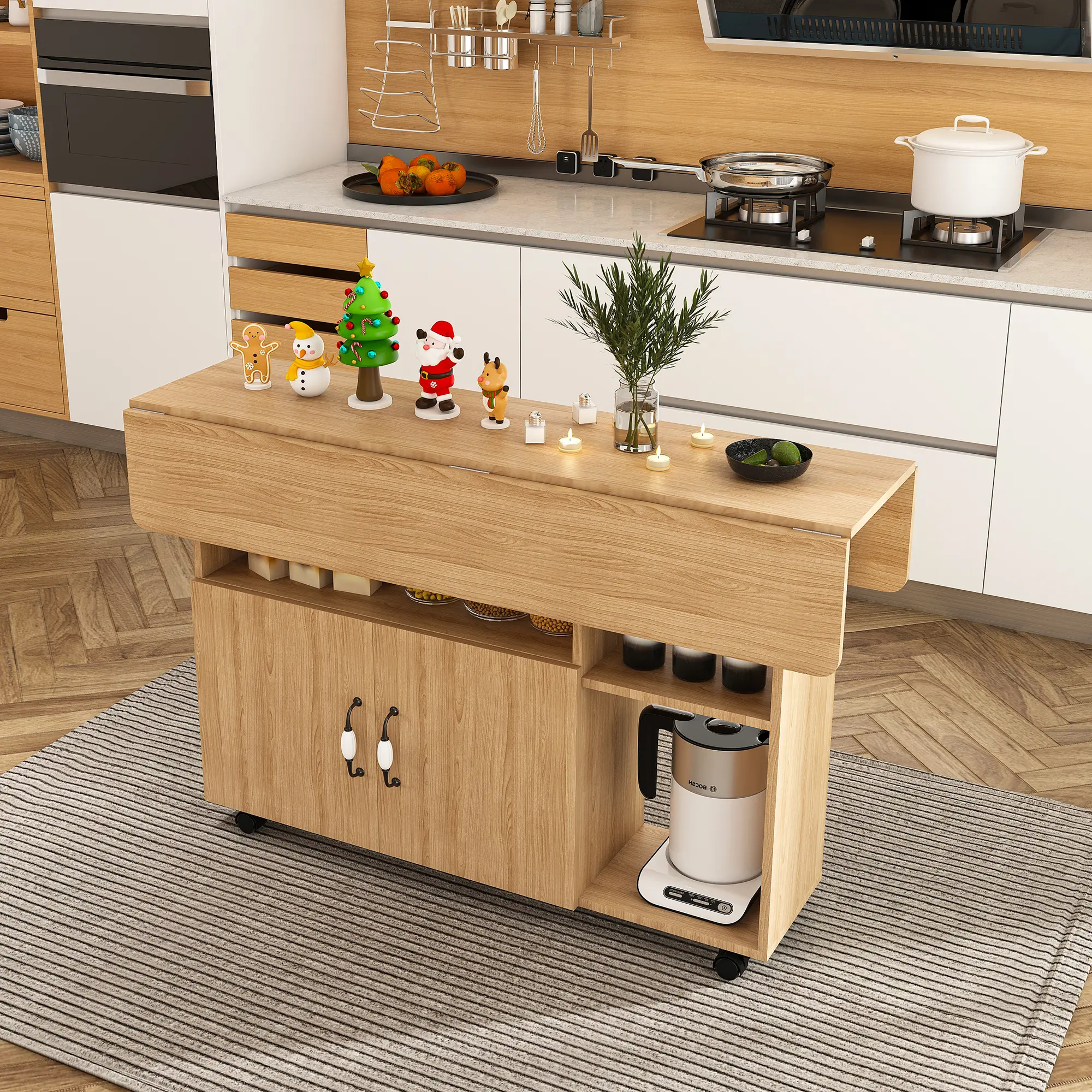 47-Inch Dual-Use Folding Dining Table - MDF Ancient Oak, Multi-Functional Expandable Desk with Storage Shelves & Wheels, 4-Person Seating, Compact for Small Spaces, Walnut/White Options