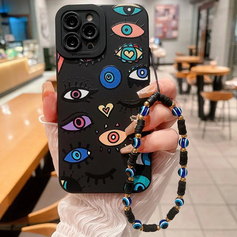 Abstract Eye Pattern Phone Case With Beaded Chain, 1 Count Decorative Phone Protective Cover Compatible With iPhone 11 12 13 14 15 Pro Max 15 Plus X X