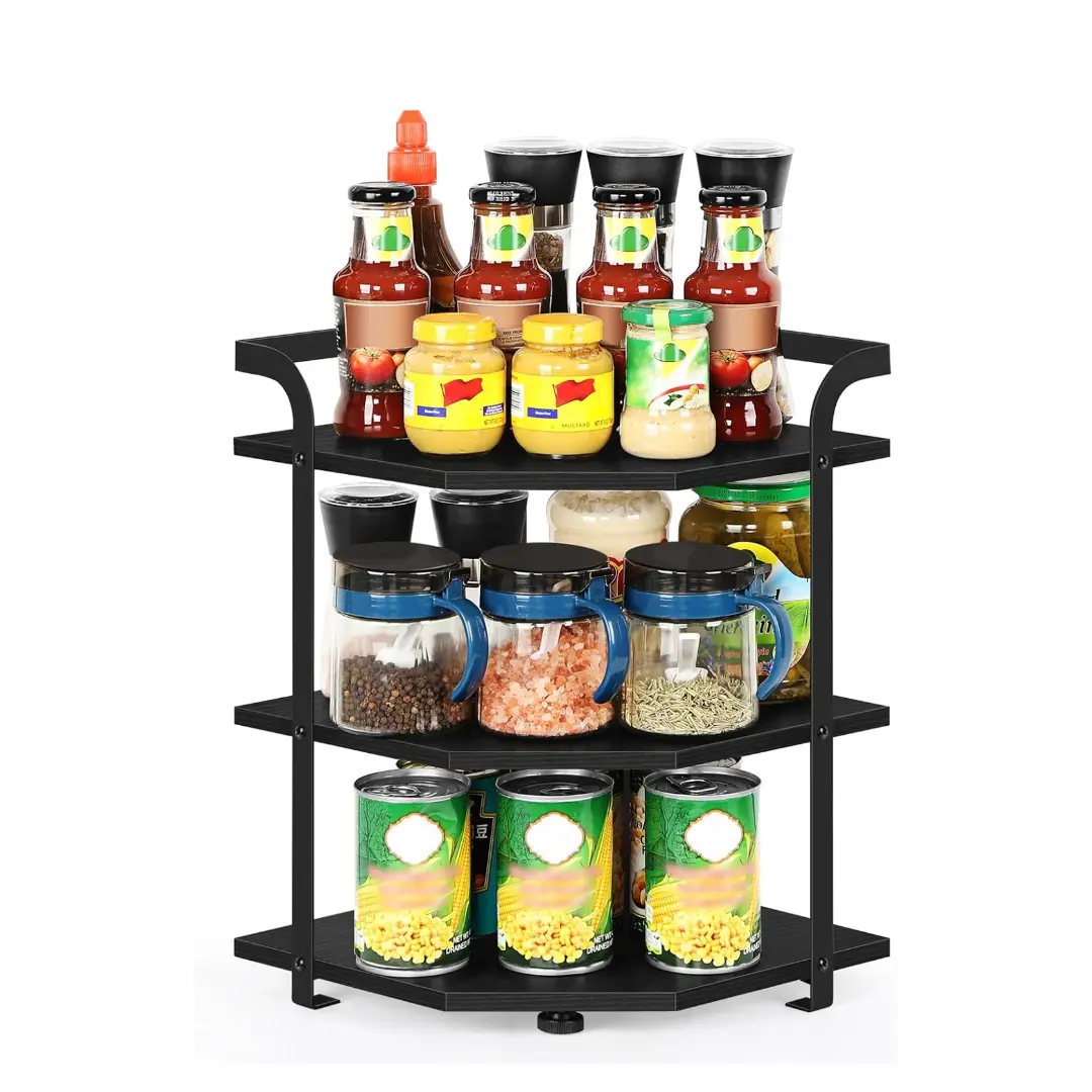 3-Tier Black Metal Corner Shelves Rack with MDF Board - Space Saver Home Supplies Organizer for Kitchen, Bathroom
