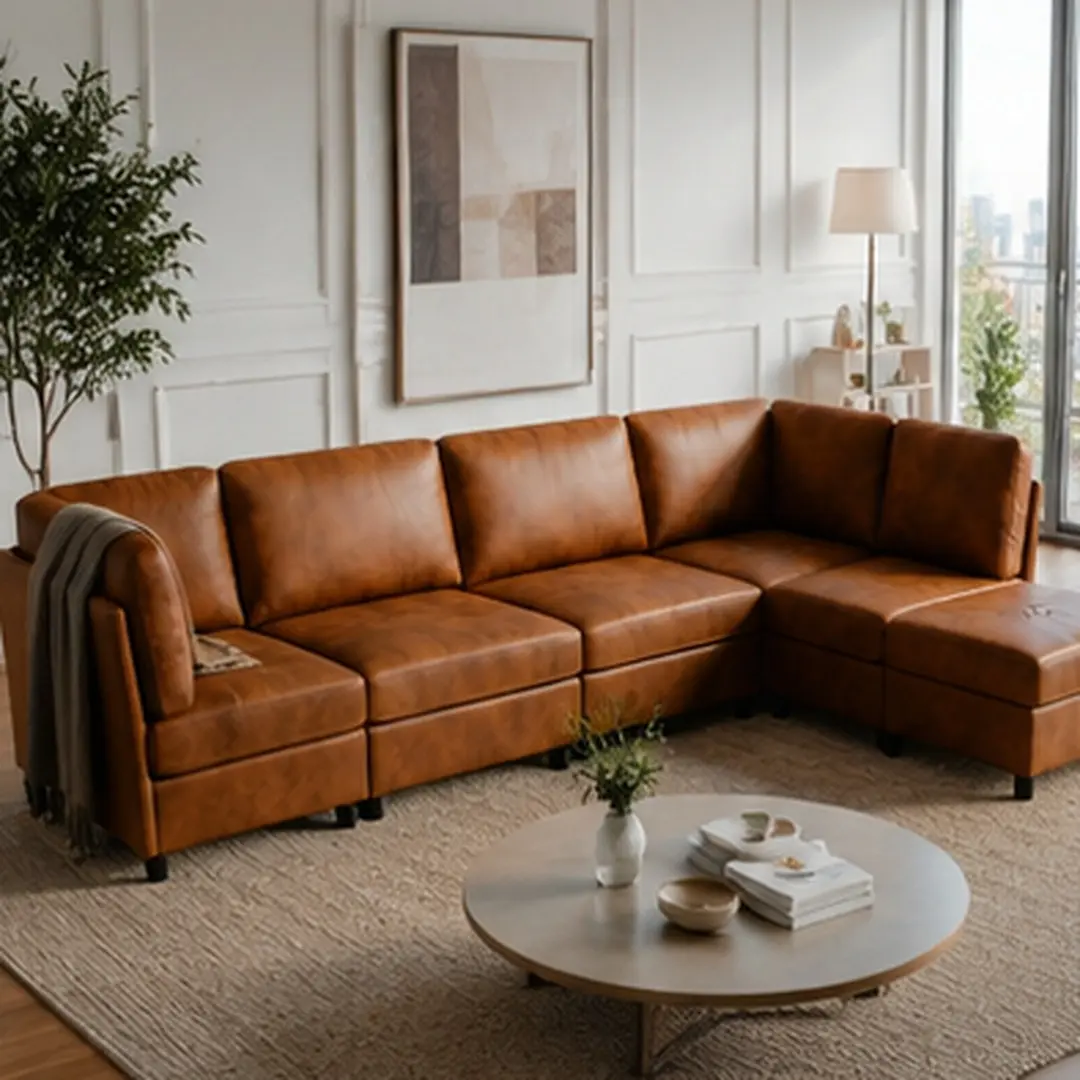 Modular Corner Sofa 6-Seat L-Shape Sectional Couch with Ottoman, Mid-Century Modern Living Room Furniture, Wood Frame Polyester Fabric, Soft Foam Cushions, Armless Loose Back Design, Light Brown/Dark Gray Options, Dark Gray/Light Brown Color