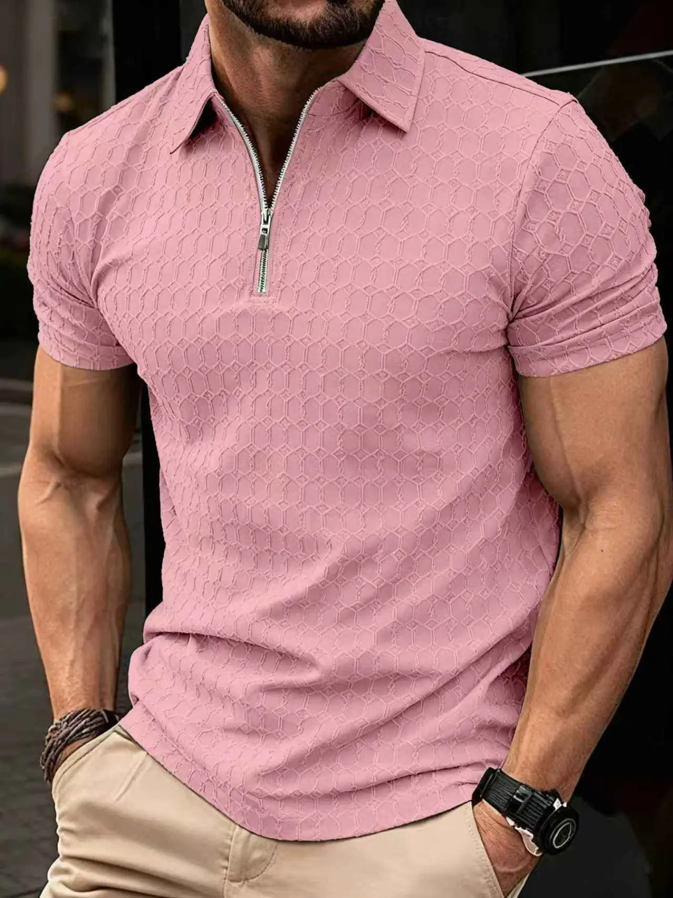 Men's Summer Casual Daily Short Sleeve Zipper Embroidered Polo Shirt, Stylish Turn-Down Collar, Comfortable and Versatile, Menswear, Zipper Polo Shirts